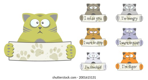 A set of stickers or badges. Fat cat with different emotions and signs with inscriptions. A displeased muzzle with large bulging eyes