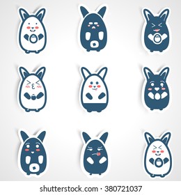 Set of stickers badges kawaii Easter bunnies with eggs and shadow. Set of emotions. Vector illustration eps 10  Egg Icon Vector. Bunnies Icon JPEG. Bunnies Icon Object.Bunnies Icon Picture 