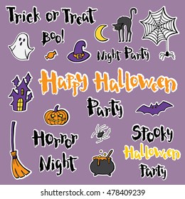 Set of stickers, badges and lettering for a happy Halloween. Vector illustration for a party in a modern style.