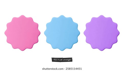 Set stickers, badges mockup. Blank labels of circle shapes with wavy edge. Vector illustration isolated on white. Copy space. Stickers or patches for preview tags, labels, design, presentation, adv