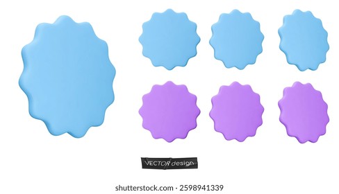 Set stickers, badges mockup. Blank labels of circle shapes with wavy edge. Vector illustration isolated on white. Copy space. Stickers or patches for preview tags, labels, design, presentation, adv