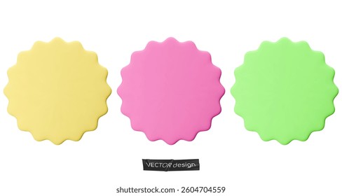 Set stickers, badges mockup. Blank labels of circle shapes with wavy edge. Vector illustration isolated on white. Copy space. Stickers or patches for preview tags, labels, design, presentation, adv