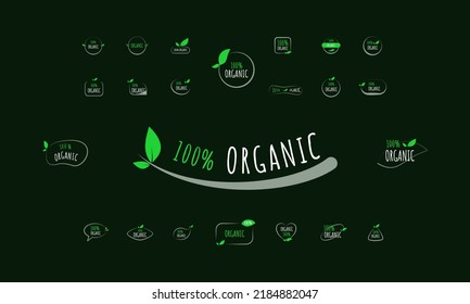 Set of stickers and badges for organic food and beverage, restaurant, delicatessen, natural products, farm fresh food, e-commerce, healthy product promotion isolated on black background
