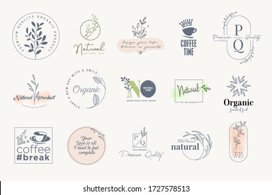 Set of stickers and badges for organic and natural products. Vector illustrations for graphic and web design, marketing material, restaurant menu, food and drink,  packaging design.