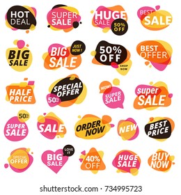 Set of stickers and badges, product promotion, special offer, shopping. Isolated vector illustrations for web design and marketing material.