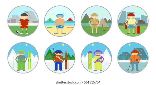 Set stickers, badges. Tourism and leisure, summer and winter kinds of sport on holiday. Vector sign, icon