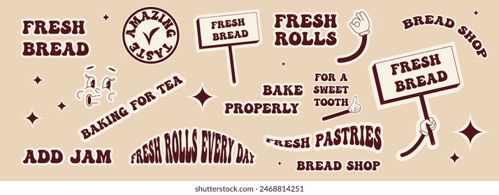 A set of stickers for the bakery. Pastries, bakery, fresh bread, rolls.