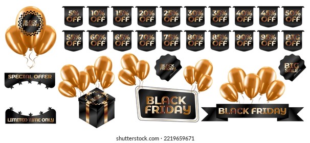 Set of stickers, banners for online trading, marketplaces and online stores on Black Friday. Discounts from 5% to 95%. Black-gold, black-copper color scheme. Design elements for the online sale 11.11