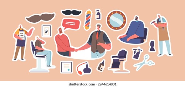 Set of Stickers Barbershop Services. Barber Scissors, Client, Mustaches, Grateful Customer Shaking Hand to Hairdresser. Master, Haircut, Barbershop Beauty Salon. Cartoon Vector Illustration, Patches