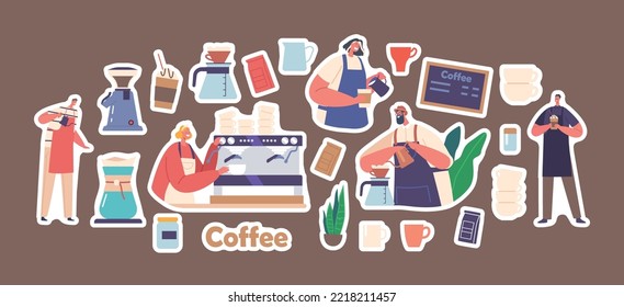 Conjunto de pegatinas Baristas Hombres y Mujeres Preparando Café, Personajes Amigables Hombres y Mujeres Usan Apron Work en Cafe o Cafetería Cocinando Bebida Aromática Fresca o Bebida. Paquete de parches de vectores de caricatura