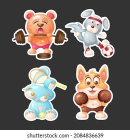 Set of stickers. Bear athlete, dog football player, hare tennis player, fox boxer.