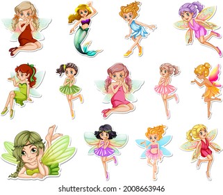 Set of stickers with beautiful fairies and mermaid cartoon character illustration