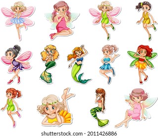 Set of stickers with beautiful fairies and mermaid cartoon character illustration