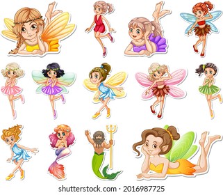 Set of stickers with beautiful fairies and mermaid cartoon character illustration