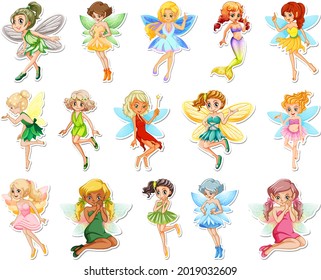 Set of stickers with beautiful fairies and mermaid cartoon character illustration