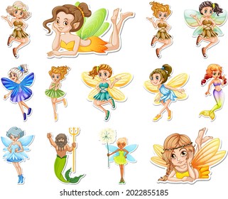 Set of stickers with beautiful fairies and mermaid cartoon character illustration