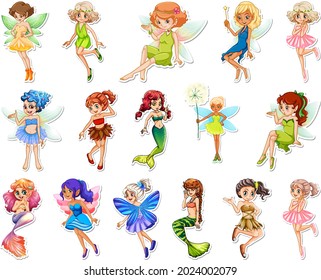 Set of stickers with beautiful fairies and mermaid cartoon character illustration