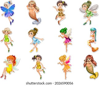 Set of stickers with beautiful fairies and mermaid cartoon character illustration