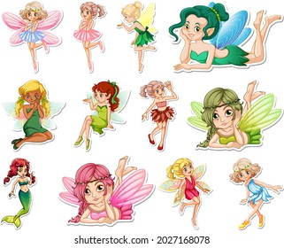 Set of stickers with beautiful fairies and mermaid cartoon character illustration