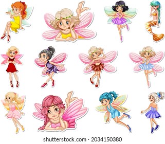 Set of stickers with beautiful fairies and mermaid cartoon characters illustration