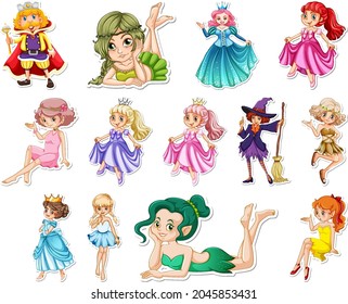 Set of stickers with beautiful fairies and mermaid cartoon character illustration