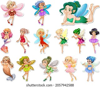 Set of stickers with beautiful fairies and mermaid cartoon character illustration