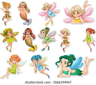 Set of stickers with beautiful fairies and mermaid cartoon character illustration
