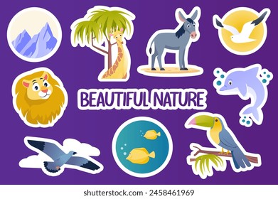 Set of stickers Beautiful nature in flat cartoon design. Cute images of different animals and places, showing the richness and beauty of nature. Vector illustration.