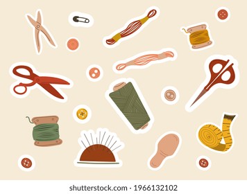 Set of Stickers with beautiful sewing equipment. Concept of sewing or needlework stickers with fabric, yarns, dress, accessories. Flat cartoon vector illustration