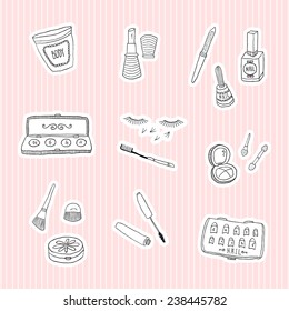 Set of stickers of beauty and cosmetics icons doodles