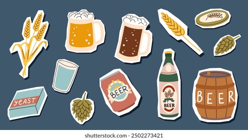 Set of stickers of beer ingredients isolated on blue background. Oktoberfest concept. Beer festival concept. Beer brewing concept.