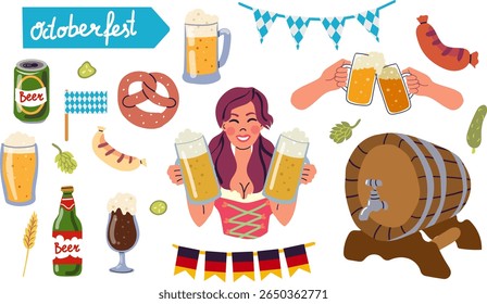 Conjunto de adesivos de ingredientes de cerveja isolados sobre fundo branco. Conceito de Oktoberfest. Conceito de festival de cerveja. Conceito de cerveja.