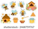 
Set of stickers with Bees, honey and beehive. Vector illustration of beekeeping. Collection of cute funny bees in different poses.