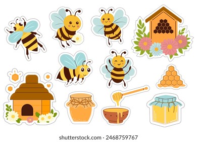 
Set of stickers with Bees, honey and beehive. Vector illustration of beekeeping. Collection of cute funny bees in different poses.