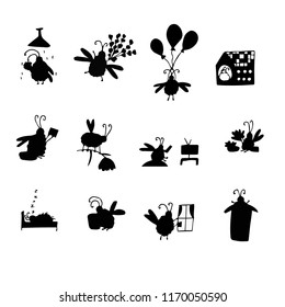 Set of stickers with bees, shadow drawings