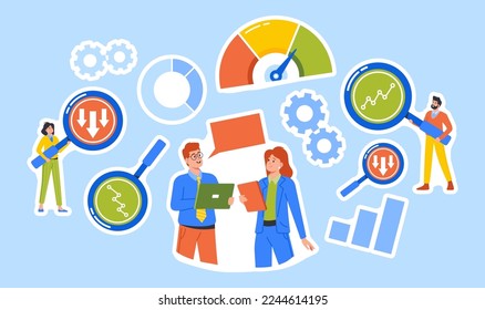 Set of Stickers Benchmarking, Business Development And Improvement Concept. Office Characters with Magnifier, Rate Scale, Partners Compare Company Quality With Competitors. Cartoon Vector Patches