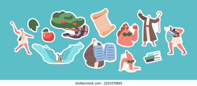 Set of Stickers Bible Narratives and Stories, Isolated Patches With Legendary Characters and Scenes. Eva and Snake, David And Goliath, Moses with Table and Parting and Sea. Cartoon Vector Illustration