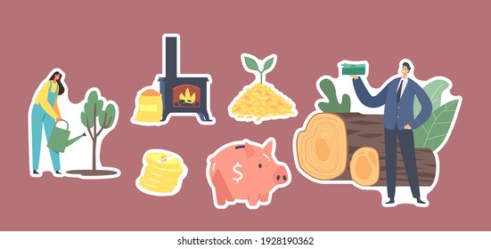 Set of Stickers Bio Coal Theme. Female Character Watering Tree, Businessman with Money, Burning Stove, Biggy Bank and Pellets Pile with Green Sprout, Golden Coins. Cartoon People Vector Illustration