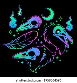 set of stickers with bird skulls in neon colors