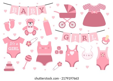 Un conjunto de stickers para el nacimiento de una niña. Elementos para diseñar postales, posts, invitaciones. Ilustración vectorial.
