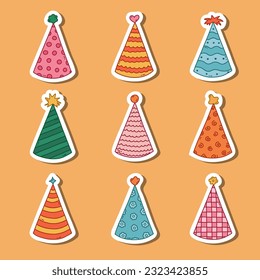 Set of stickers with birthday doodle for planners, notebooks. Ready for print list of cute stickers with party cone, Christmas cap. Simple birthday party hat in bright color with hand drawn outline.