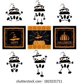 Set of stickers with black cats and a triptych Halloween party Isolated vector illustration with funny Halloween attributes for invitation banner postcard icons