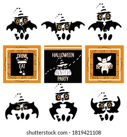 Set of stickers with black owls and a triptych Halloween party Isolated vending vector illustration with funny Halloween attributes for invitation banner postcard icons