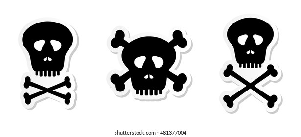 Set stickers black white human skulls with holes from the eyes and nose with teeth and bones with a crossover on a white background