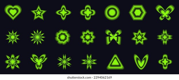 A set of stickers with blurry neon green gradient in Y2K style. Modern simple abstract shapes. Vector illustration with 70s - 2000s vibes.