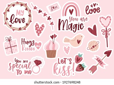 Set stickers Bohemian romantic elements Valentine's day in boho style. Boho rainbow, heart and flowers. Vector