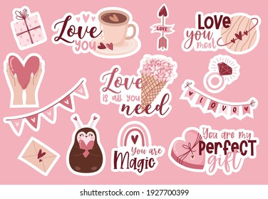 Ponga pegatinas a los elementos bohemios románticos del día de San Valentín al estilo boho. Arcoiris boho, corazón y flores. Vector