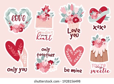 Set stickers Bohemian romantic elements Valentine's day in boho style. Boho rainbow, heart and flowers. Vector