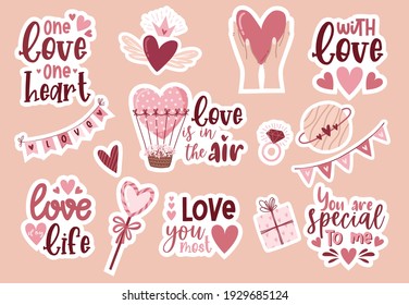 Set stickers Bohemian romantic elements Valentine's day in boho style. Boho rainbow, heart and flowers. Vector