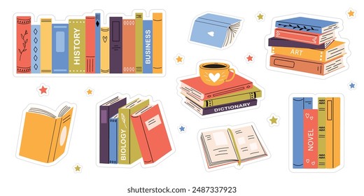 Set of stickers with books and reading. Cute different books, stacks of books, notebooks. Hand drawn educational vector illustration. White isolated background.